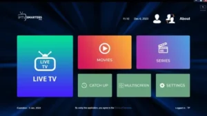 Capture de écran de interface IPTV Smarters Pro Player sur une Smart TV