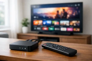 Décodeur IPTV WiFi connecté à une TV moderne — exemple de setup simple