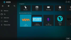 Interface Kodi sur TV avec menu principal visible