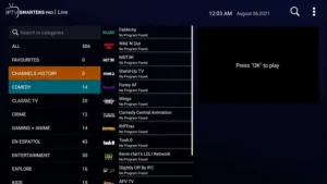 Interface d'un lecteur IPTV affichant une liste de chaînes